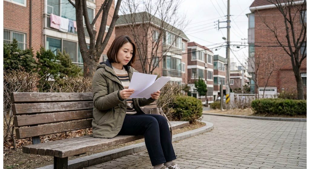 병원 창구에서 실비 보험 청구 서류와 영수증을 확인하는 50대 한국인 남성