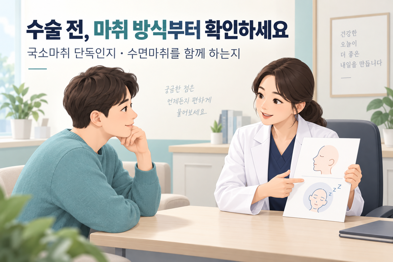 마취 방식을 상담하는 환자와 의료진을 표현한 안내용 일러스트