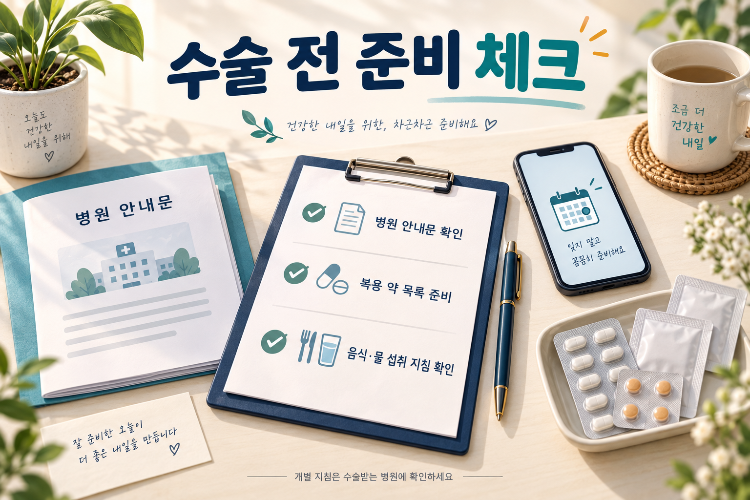 병원 안내문, 복용 약 목록, 음식과 물 섭취 지침을 확인하는 수술 전 준비 체크리스트