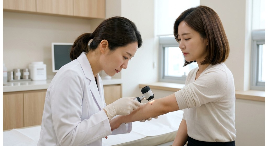 피부 확대경을 활용하여 피부 양성 모반과 악성 병변의 형태적 차이를 세밀하게 진찰하는 모습