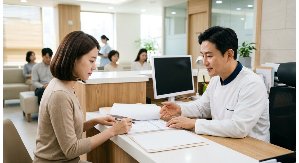 병원 진료실에서 보험 청구 서류를 확인하는 환자